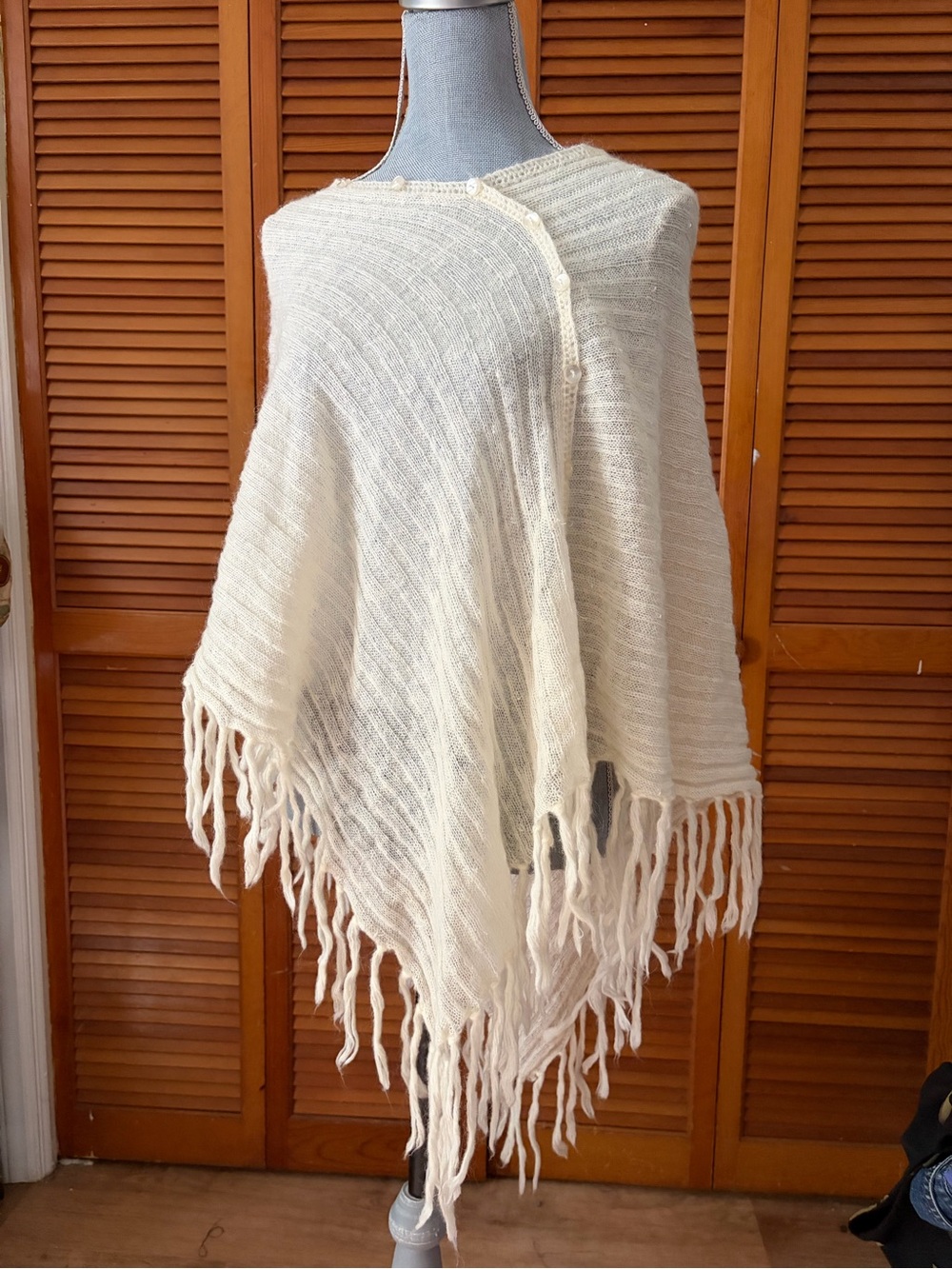 Soft Sheer Cream Fringe Knit Beaded Poncho
